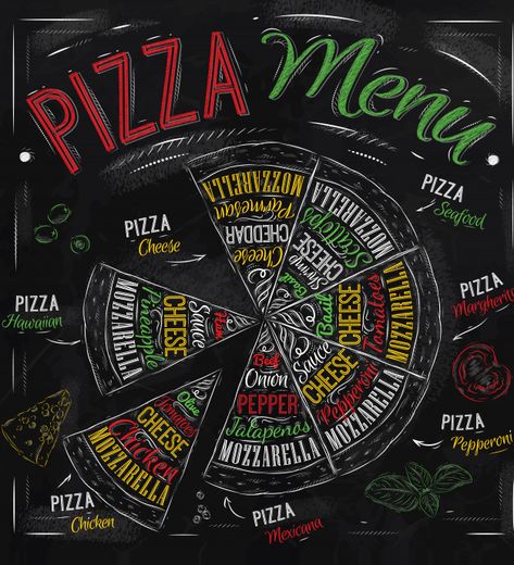 Pizza menu Vector | Premium Download Pizza Menu Design, Chalk Illustration, Pizza Names, Pepperoni Chicken, Pizzeria Design, Pizza Drawing, Kitchen Chalkboard, Pizza Logo, Pizza Art