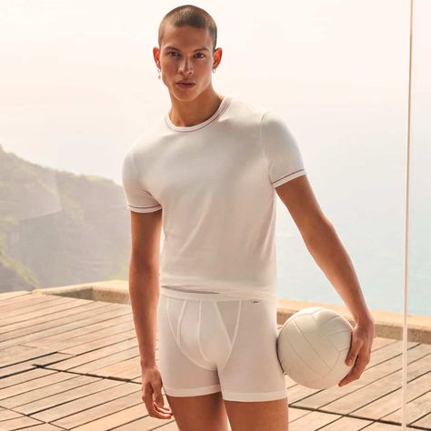 Man wearing luxury white undershirt and tight boxer shorts by Schiesser. This image was included in the article: 13 Luxury Underwear Brands That Are Anything But Pants, on MensFlair.com Walrus Costume, Mens Pose, Under Wears Men, Pose Guide, Ron Dorff, Cotton Boxer Shorts, White Boxers, Men Boxers, Men Photoshoot