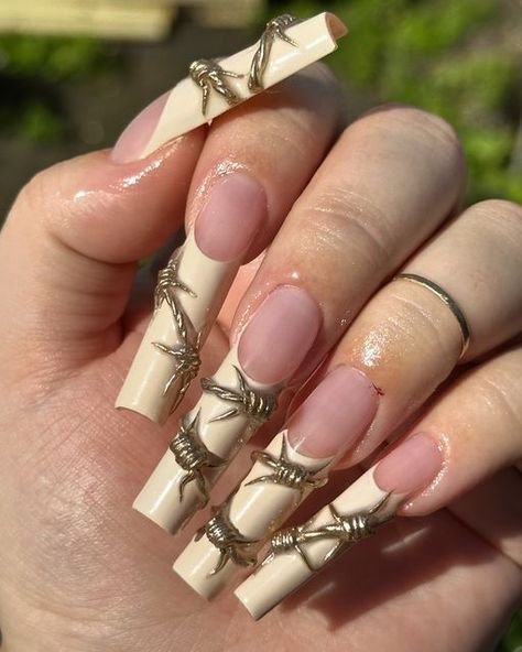 rachael | albany nail tech🍉 on Instagram: "barbed wire but make it ✨gold✨   inspo from @hollywiththegoodnails  original inspo by @hotebonynailz   . . . . #setsbyrach #acrylicnails #acrylicnailsdesign #acrylicnailtech #vbp #vbeautypure #nailsnailsnails #nailart #naildesign #abstractnails #3dnails #3dnailart #518nails #518nailtechs #518nailtech #nailaddict #chromenails #frenchtipnails #albanynailtech #albanyny #albanynynailtech #albanynynails #newyorknails #chromenailart #teamvbp #vbeautypure" Barbed Wire Nails, Gold Inspo, Ny Nails, Nail Color Ideas, Confetti Nails, Hippie Nails, Punk Nails, Really Cute Nails, Barbed Wire