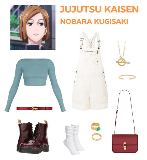 Step into the captivating style of Nobara Kugisaki from Jujutsu Kaisen with this enchanting anime-inspired ensemble! Embrace her iconic dungaree look, complemented by gold jewellery that reflects her love for shopping and adds a touch of elegance. Subtle nods to her powerful nail, hammer technique complete the look. Unleash your inner charm and showcase your unique fashion sense with this Nobara Kugisaki-inspired outfit. ✨🔨 Jujutsu Kaisen Nobara Kugisaki, General Outfit, Monster High Cosplay, Red Doc Martens, Sae Byeok, Easy Cosplay, Nobara Kugisaki, Character Inspired Outfits, Style Anime