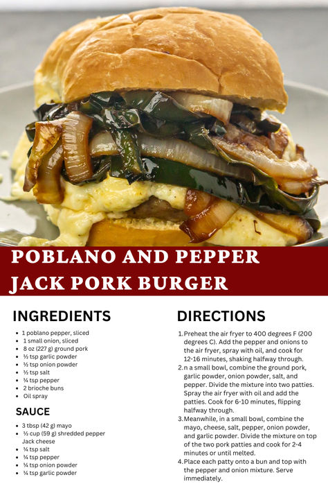 A new take on the traditional burger! A melty pepper jack cheese sauce is drizzled over a delicious pork burger topped with roasted poblano peppers and onions. Whether you like spice or not, everyone will enjoy the subtle heat of this tasty burger! | burger recipes | air fryer recipes | pork burgers | pork burgers recipes | dinner recipes | dinner ideas | lunch recipes | lunch ideas Pork Burger Recipes, Burger Recipes Air Fryer, Burger Air Fryer, Pork Burgers Recipes, Air Fryer Recipes Pork, Burgers Recipes, Tasty Burger, Roasted Poblano Peppers, Roasted Poblano