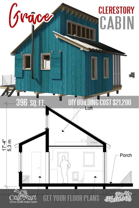 This tiny house plan with the loft is definitely designed with self-sufficiency in mind. This tiny house is designed to be elevated above the ground for protecting your home against humidity and mold. During long periods of cold or hot weather, it also helps to save energy. #tinyhouse #gardendecor Out House Design, Micro Tiny House, Mini House Plans, Micro House Plans, Casa Hobbit, Small Cabin Plans, House Plan With Loft, Cahuita, Tiny House Loft