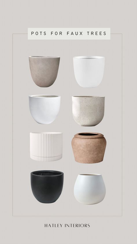 white planter, black planter, concrete planter, terracotta planter, neutral indoor planter, indoor pots, indoor faux tree, home decor Indoor Tree Pots Planters, Neutral Plant Pots, Indoor Tree Planter Pots, Tree Pots Indoor, White Terracotta Pots, Large Planters Indoor, Indoor Planter Decor, Faux Concrete Planter, White Planters Indoor