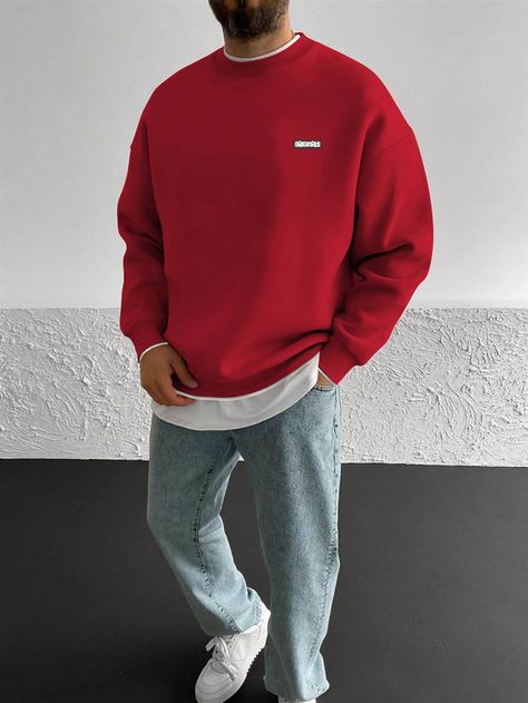 Red Casual Collar Long Sleeve Fabric Letter Pullovers Embellished Slight Stretch  Men Clothing Red Outfits For Men Casual, Red Long Sleeve Shirt Outfit Men, Red Clothing Aesthetic Men, Casual Red Outfit Men, Red Crewneck Outfit Men, Red Sweatshirt Outfit Men, Red Shirt Outfit Men Streetwear, Men’s Outfit Ideas For Concert, Red Men Outfit