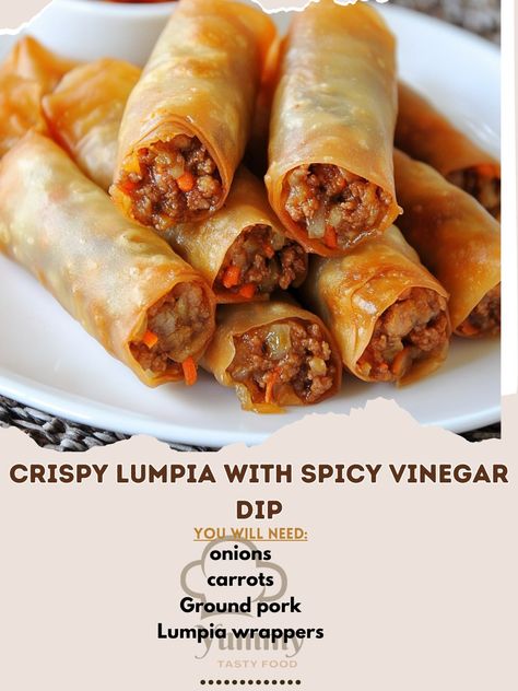 🌶️🥢 Crispy Lumpia with Spicy Vinegar Dip—Crunchy, savory lumpia with a spicy vinegar dip. A must-try Filipino appetizer! 🇵🇭🔥 #Lumpia #FilipinoAppetizers Crispy Lumpia with Spicy Vinegar Dip Ingredients: Lumpia wrappers (20) Ground pork (1/2 lb) Shredded carrots (1/2 cup) Chopped onions (1/4 cup) Garlic (2 cloves, minced) Soy sauce (1 tbsp) Salt and pepper (to taste) Oil (for frying) For Spicy Vinegar Dip: Vinegar (1/4 cup) Red chili flakes (1 tsp) Soy sauce (1 tbsp) Garlic (1 clove, mince... Spicy Vinegar, Filipino Appetizers, Shredded Carrots, Asian Inspired Dishes, Red Chili Flakes, Shredded Carrot, Chili Flakes, Frying Oil, Red Chili