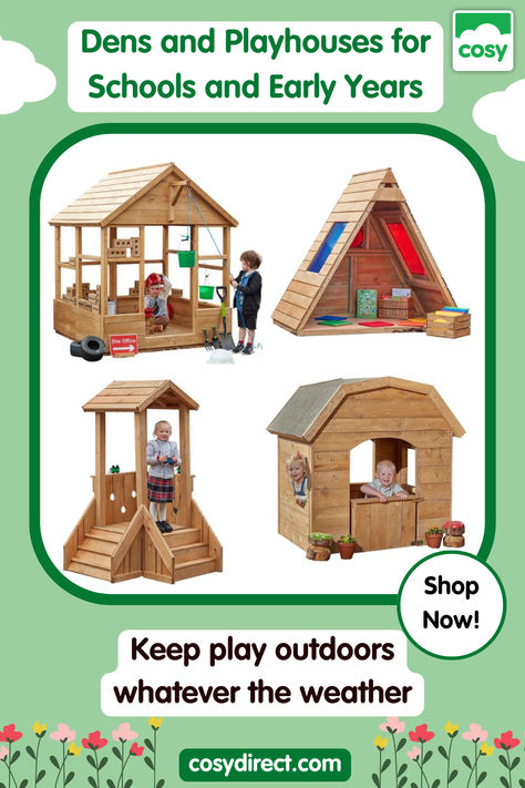 pictures of four dens and play houses for schools and early years on a white background with children playing in them. Outdoor Playroom, School Outdoor Area, Reading Spaces, Play Corner, Outdoor Shelters, Storage Sheds, Open Ended Play, Outdoor Learning, Nature Play