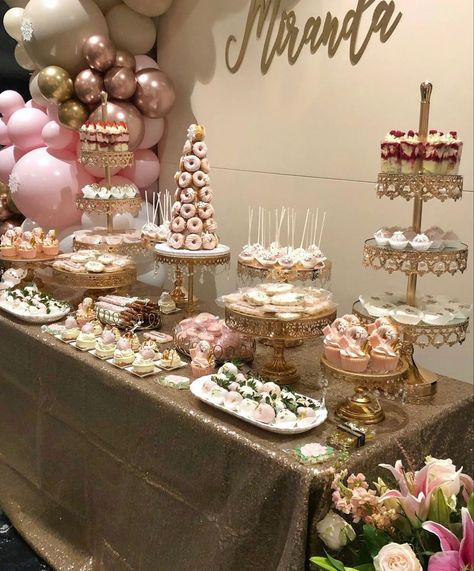 Shades Of Pink Graduation Party, Pink Sweet 16 Dessert Table, Grad Party Aesthetic Pink, Grad Dessert Table, Quince Rose Gold Dessert Table, Debut Dessert Table, Birthday Dessert Table, Dessert Table Birthday, Bow Baby Shower