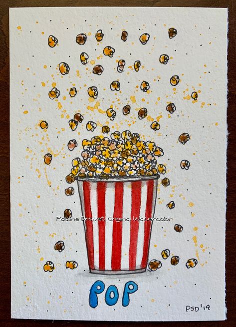 Popcorn Art, Popcorn Watercolor Painting, Popcorn Line Art, Popcorn Watercolor, Bowl Of Popcorn Drawing, Pop Art Popcorn, Watercolor Cards, Colorful Art, Watercolor Paintings