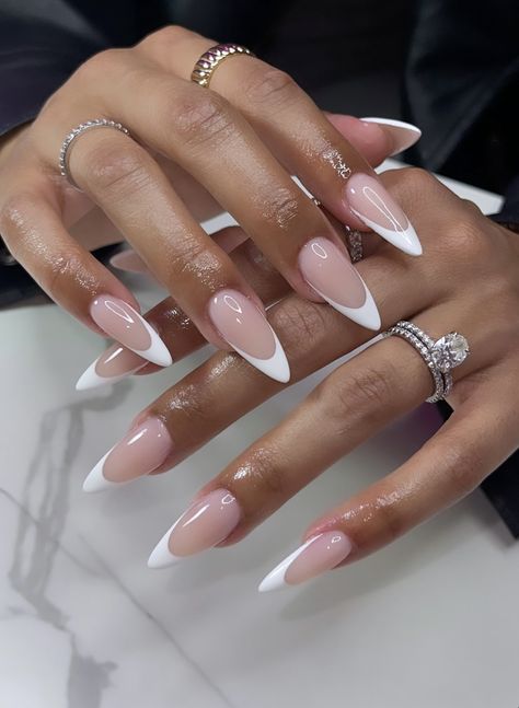 White Tip Birthday Nails, Pointy Almond Nails Medium, Almond With A Point Nails, Almonds Shape Nails, French Stilleto Nail Designs, Pointy White French Tip Nails, Natural Nail Extension Designs, Chic Long Nails, Sharp Nails French Tip