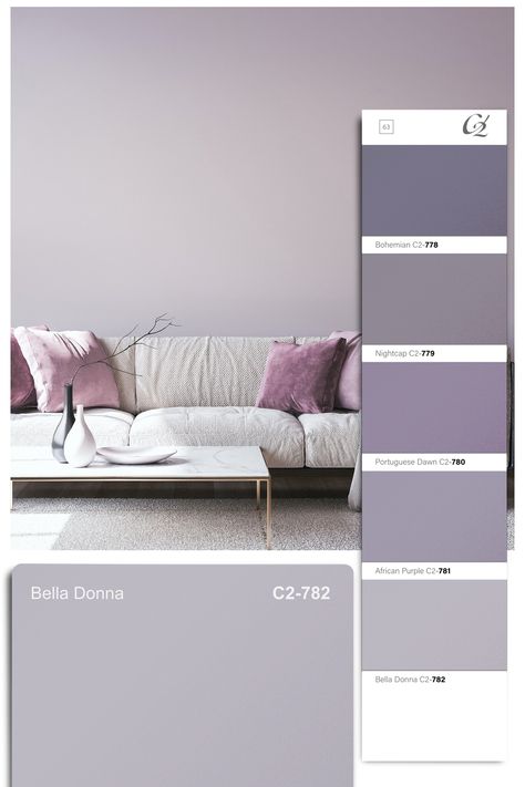 C2 Bella Donna 782 proves that lavender tones are an unquestionable design force. Lingering between grey and violet, this sophisticated color has made its way into the neutral category, given its timeless and transitional appeal. This naunced and serene color is a perfect choice for bedroom walls, yet its popularity as a color for shared spaces is on the rise due to its free-spirited yet cultured aesthetic. See more more about decorating with purples at the link. Bedroom Colors Purple And Grey, Colors That Go With Lavender Living Room, Lavender Grey Wall Paint, Dusty Purple Bedroom Ideas, Nice Bedroom Paint Colors, Bedroom Color Schemes Lavender, Lavender Grey Bathroom, Soft Lavender Bedroom, Lilac And Grey Bedroom Ideas