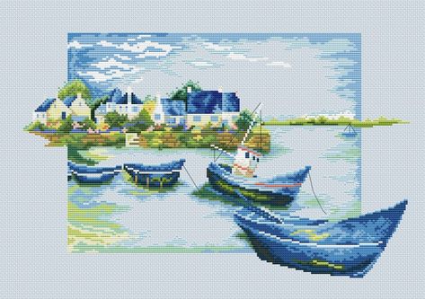 Cross Stitch Sea, Cross Stitch Numbers, Cross Stitch House, Cross Stitch Landscape, Blue Boat, Cross Stitch Books, Mini Cross Stitch, Body Of Water, Cross Stitch Patterns Free