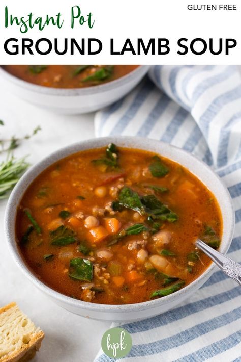 Try this Instant Pot Ground Lamp Soup to change up your dinners! An easy and healthy meal, this gluten free recipe uses ground lamb, white beans, and a bunch of veggies and herbs. Cooks in no time in a pressure cooker! #lamb #instantpot #pressurecooker #soup #fall #glutenfree #recipe Lamp Soup, Lamb Soup Recipes, Ground Meat Dinners, Lamb Soup, Ground Lamb Recipes, Gluten Free Instant Pot Recipes, Ground Lamp, Lamb Stew Recipes, Gluten Free Instant Pot