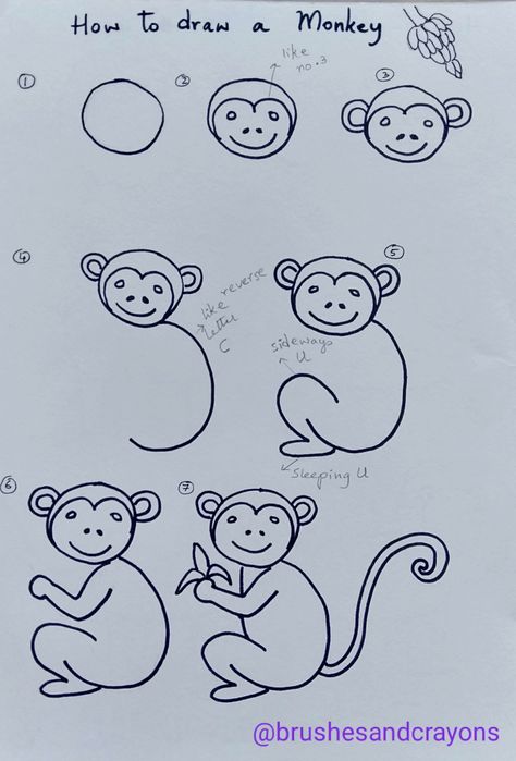 Draw A Monkey Easy, Jungle Drawing Easy With Animals, How To Draw Monkey For Kids, How To Draw A Monkey Easy, How To Draw A Monkey Step By Step, Monkey Painting Easy, How To Draw Monkey, How To Draw A Monkey, Monkey Drawing For Kids