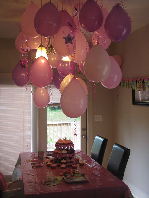 Balloon decorations for my daughter's Minnie Mouse Birthday Party. Hung from ceiling with tacs with extra long ribbon for a streamer effect. Looks over the top without alot of cost. Birthday Morning, Birthday Room Decorations, Minnie Mouse Birthday Party, Birthday Table, Girl Decor, Minnie Mouse Birthday, Birthday Dinners, Best Friend Birthday, Birthday Surprise