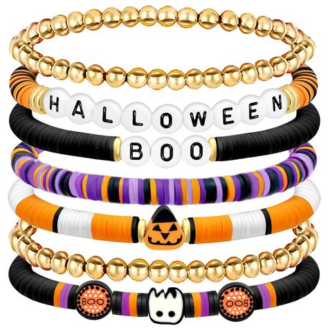 PRICES MAY VARY. Festive Charm: Elevate your Halloween look with our stackable surfer heishi bracelets, expertly crafted with preppy clay beads HOCUS POCUS SPOOKY/BOO SPOOKY/HALLOWEEN BOO that stretch to fit most wrist sizes Spooky Yet Stylish: This 7-piece set features Halloween-themed charms, perfectly blending spooky elements with fashionable accessories for any party, costume contests or cosplay event Versatile Wear: Mix and match these clay bead bracelets to complement various outfits — fro Sugar Skull Jewelry Diy, Halloween Clay Bracelets, Halloween Beaded Bracelet, Fall Bracelet Ideas, Bracelet Preppy, Bead Stretch Bracelets, Boho Bracelets Stack, Bracelets Stack, Outfits Jewelry