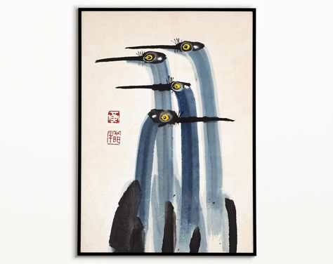 Vintage Japanese Decor, Watercolor Japanese Art, Crane Watercolor, Crane Painting, Wall Decor Vintage, Antique Stoneware, Bird Poster, Ink Artwork, Art Japonais