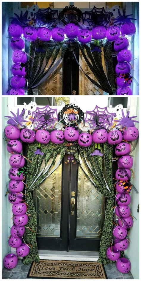 DIY Plastic Pumpkin Arch Entry Way ~ You will need as many plastic pumpkin pails as wide as your entry way is. Halloween House Party Decorations, Adult Halloween Party Decorations, Cheap Halloween Diy, Diy Halloween Dekoration, Cheap Diy Halloween Decorations, Scary Halloween Decorations Outdoor, Scary Halloween Decorations Diy, Halloween Party Decor Diy, Halloween Diy Outdoor