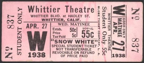 Filmic Light - Snow White Archive: 1938 Snow White Movie Tickets Snow White Movie, Whittier Blvd, Vintage Theater, Pink Movies, Movie Ticket, Back To The 80's, Theater Tickets, Snow White And The Seven Dwarfs, The Seven Dwarfs