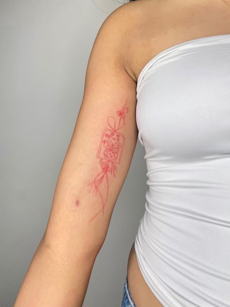 Red Asian Tattoo, Asian Arm Tattoo, Red Envelope Tattoo, Japanese Charm Tattoo, Red Arm Tattoo, Red Fine Line Tattoo, Lucky Charm Tattoo, Vietnamese Tattoo Ideas, Envelope Tattoo