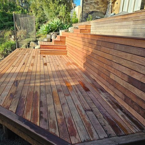 We added on to the existing deck to create more living space by the pool #deck #timber deck #landscaping #steps Landscaping Steps, Geo Dome, Deck Landscaping, Tiered Deck, Timber Deck, Deck Plans, Pool Deck, Wooden Boats, The Pool