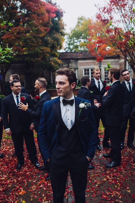 December Groomsmen Attire, Winter Groom And Groomsmen Attire, Dark Blue Groomsmen Suits Bridal Parties, Groom Midnight Blue Tuxedo, Black Tux Groom Blue Suit Groomsmen, Navy Tux Black Lapel Wedding, Navy Tux Wedding Groom & Groomsmen Suits, Blue Groomsmen, Tuxedo Colors