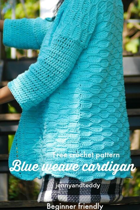 Cardigan Free Pattern, Pluse Size, Crochet Cardigan Free, Woven Cardigan, Blue Weave, Beginner Crochet Tutorial, Crochet Sweaters, Crochet Leaves, Crochet Cardigan Pattern