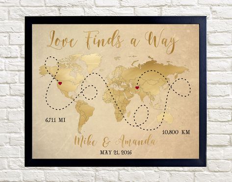 "ORDERS PLACED AFTER 6/23/21 WILL RECEIVE THEIR PROOFS WITHIN 5-7 BUSINESS DAYS OF ORDER PLACEMENT... ORDERS WILL SHIP WITHIN 5-7 BUSINESS DAYS OF PROOF APPROVAL This Custom Map for Long Distance Relationships makes a perfect gift for loved ones living far away! Love Finds a Way is the sentiment and quote expressed in this print and it celebrates the Long Distance Relationship. The print features a world atlas map with a heart placed in the location where each person lives. The print features a Long Distance Relationship Wedding Theme, Long Distance Wedding Theme, Long Distance Relationship Wedding, Love Finds A Way, Long Distance Wedding, Relationship Map, World Atlas Map, Champagne Wedding Colors, Birthday 2023