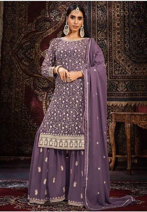 Lilac Embroidered Faux Georgette Sarara Kameez Designer Sharara Suits, Gharara Suits, Purple Bottom, Kameez Designs, Sharara Suit, Designer Salwar Suits, Salwar Kameez Designs, Versatile Outfits, Georgette Fabric