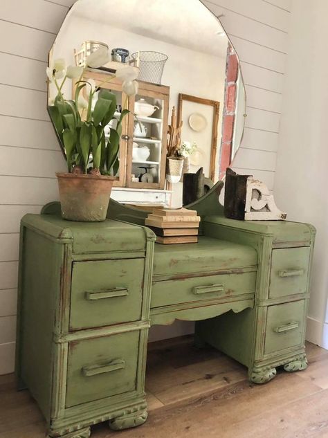 Green Makeup Vanity, Sage Bedroom, Restored Furniture, Gold Vanity, Green Vanity, Vanity Makeover, Vanity Bedroom, Forest Core, Art Deco Vanity