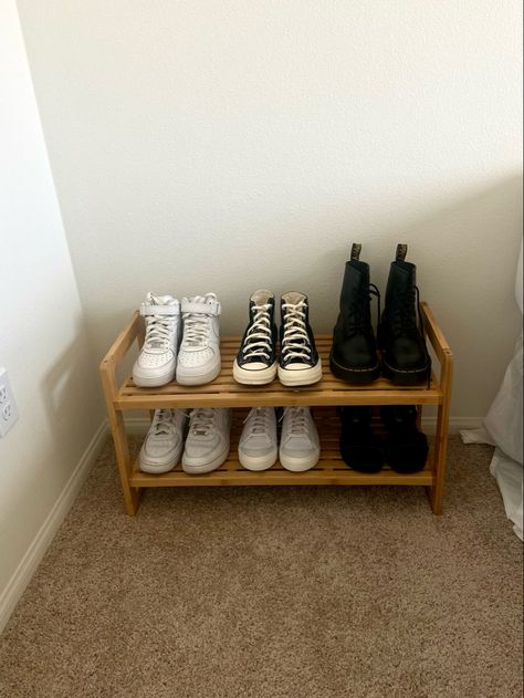 shoe rack, nike, bamboo shoe rack Shoe Rack Ideas Aesthetic, Shoe Rack Dorm Room, Shoe Shelf Decor, Small Room Entryway Ideas, Cute Shoe Racks, Show Rack Aesthetic, Shoes Rack Aesthetic, Simple Rooms Minimalist, Aesthetic Shoe Holder