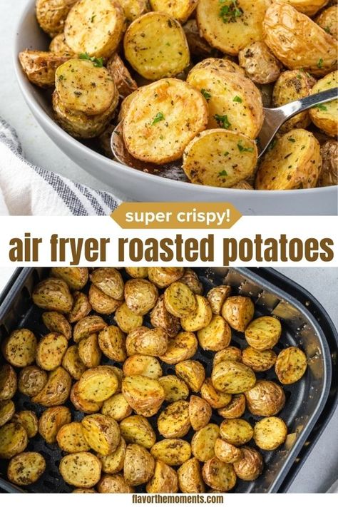 Air Fryer Potatoes are tender, crispy and absolutely addictive! They're an easy gluten-free, vegan side dish the entire family will love! #potatoes #airfryer #sidedish Yukon Potatoes Air Fryer, Potato Side Dishes Easy Air Fryer, Yellow Potatoes Recipes Air Fryer, Potato Medley Recipe, Air Fryer Baby Potatoes, Air Fryer Roasted Potatoes, Potatoes In The Air Fryer, Air Fryer Potatoes, Creamer Potatoes