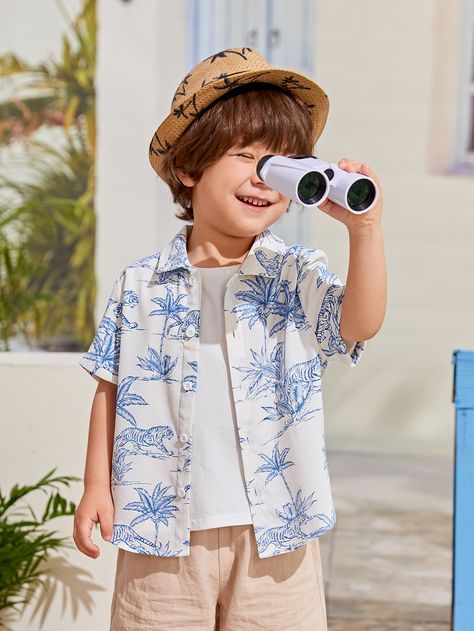 Tiger Print Shirt, Printed Shirt Outfit, Boys Hawaiian Shirt, Tropical Shirt, Stylish Kids Outfits, Baby Frock, Resort Outfit, Tropical Shirts, Boys Wear