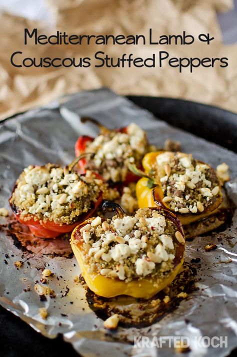 Lamb Couscous, Couscous Stuffed Peppers, Mediterranean Lamb, Lamb Dishes, Stuffed Pepper, Ground Lamb, Lamb Recipes, Mediterranean Diet Recipes, Mediterranean Recipes