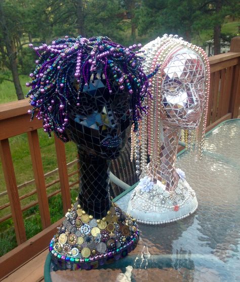 Bedazzled Mannequin, Cosmology School, Mosaic Heads, Mannequin Ideas, Styrofoam Heads, Mannequin Diy, Mannequin Decor, Robot Costume, Styrofoam Head