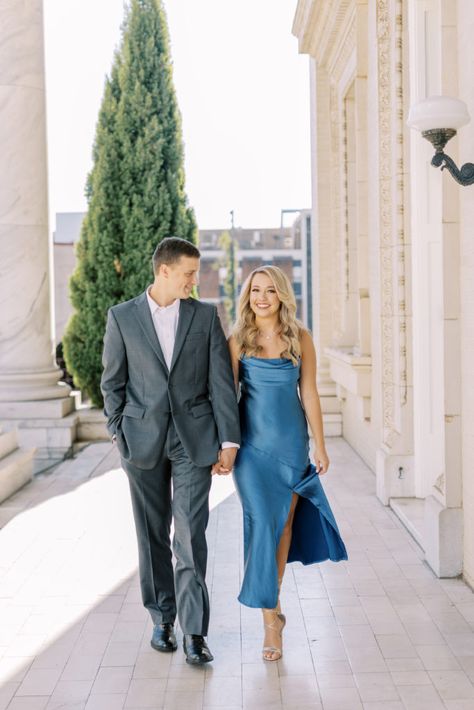 Couple Formal Outfits, Fancy Date Outfit, Formal Couple Outfits, Outfit Couple, Cute Engagement Photos, Flowy Floral Dress, Outfits Dressy, Couples Shoot, Engagement Outfit