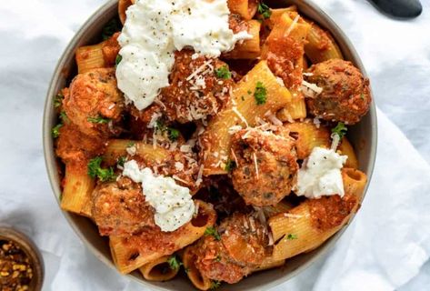 Rigatoni with Vodka Sauce and Spicy Sausage Meatballs - The Windy City Dinner FairyThe Windy City Dinner Fairy Rigatoni With Vodka Sauce, Creamy Marinara Sauce, Creamy Rigatoni, Fairy Recipes, Rigatoni Noodles, Vodka Sauce Pasta, Sausage Rigatoni, Rigatoni Recipes, Sausage Meatballs