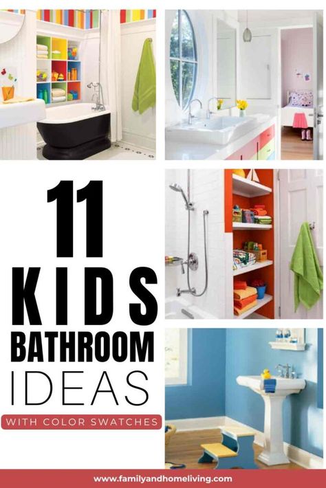 Fun And Colorful Kids Bathroom Ideas (With Color Swatches) Kids Bathroom Paint Ideas, Kids Bathroom Design Ideas, Kids Bathroom Color Ideas, Toddler Boy Bathroom Ideas, Boy And Girl Shared Bathroom, Kids Bathroom Ideas For Boys, Toddler Bathroom Ideas, Boy Bathroom Ideas, Colorful Kids Bathroom