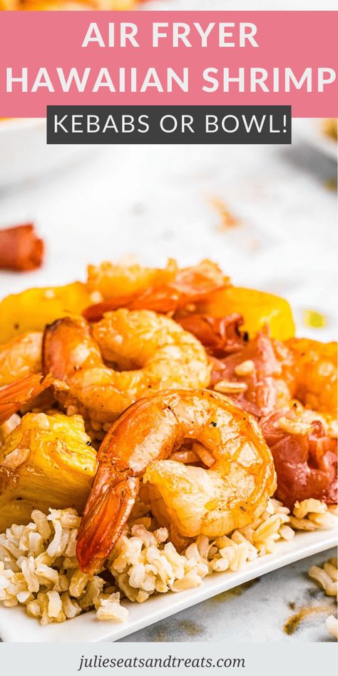 Quick and easy Air Fryer Shrimp with pineapple, ham and tossed in a sweet BBQ sauce. It can be made on skewers or tossed in the basket. Serve it as an appetizer or as meal over rice. #shrimp #airfryer Shrimp Skewers In Air Fryer, Shrimp Kabobs Air Fryer, Air Fryer Bbq Shrimp, Firecracker Shrimp Air Fryer, Sausage And Shrimp Kabobs Air Fryer, Slow Cooker Jambalaya, Teriyaki Shrimp, Salsa Canning Recipes, Sweet Bbq Sauce