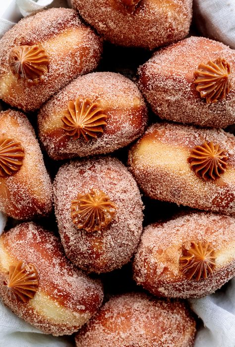 Dulce De Leche Filled Churro Donuts - Yoga of Cooking Filled Doughnuts Photography, Doughnut Filling Recipe, Mexican Donuts, Churro Desserts, Filled Churros, Canada Recipes, Churro Donuts, Making Donuts, Churros Recipe