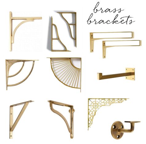 brass shelf brackets Gold Shelf Brackets, Brass Railing, Long Shelves, Kitchen Shelf Brackets, Brass Shelf Brackets, Diy Shelf Brackets, Brass Shelf, Glass Shelf Brackets, Decorative Shelf Brackets