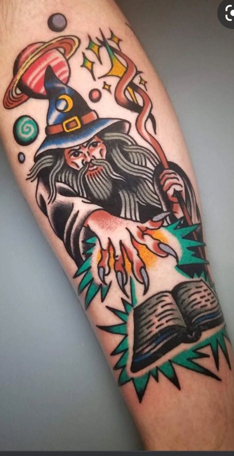 Wizard Tattoo Sleeve, Wizard Trad Tattoo, Old School Wizard Tattoo, Wizard Tattoo Ideas, Wizard Tattoo For Men, Traditional Wizard Tattoo, Wizard Tattoo Design, Traditional Tattoo Animals, Wizard Tattoo