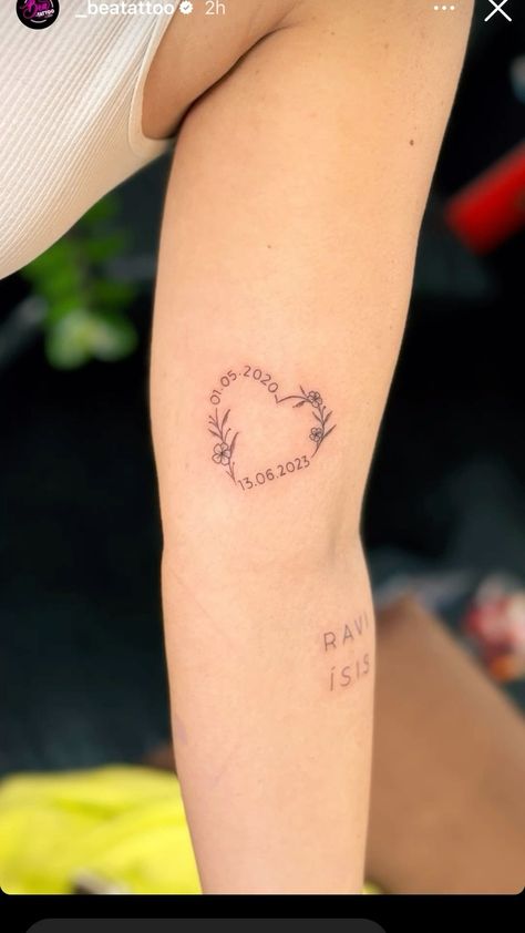 Two Dates And A Heart Tattoo, Small Birth Date Tattoos For Women, Small Wedding Date Tattoo, Heart With Year Tattoo, Small Tattoo For Parents, Tattoo Ideas Female Dates, Initial Memorial Tattoo, Birthday Date Tattoos For Women, Tattoo Ideas For Two Kids