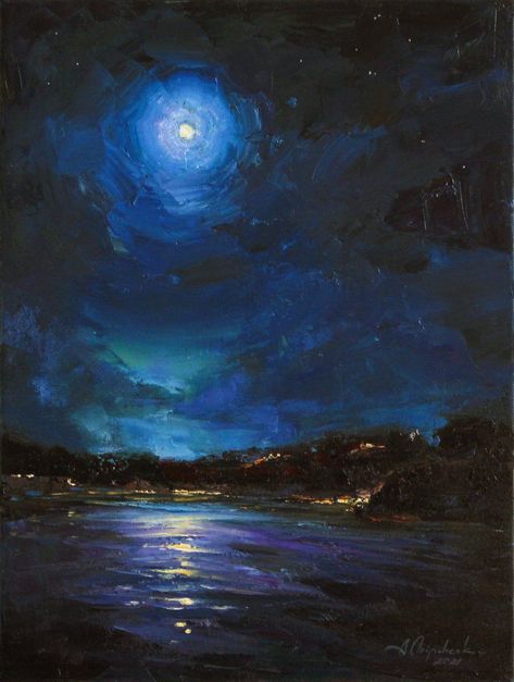 Start Your Artistic Journey with Oil Painting on Canvas for $110 Night Sky Water Reflection Painting, Oil Painting Moon Night Skies, Art Is Not What You See, Night Sky Impressionism, Night Sky Oil Painting, Landscape Paintings Night Sky, Sea And Moon Painting, Paintings Of The Night Sky, Night Sky Moon Painting