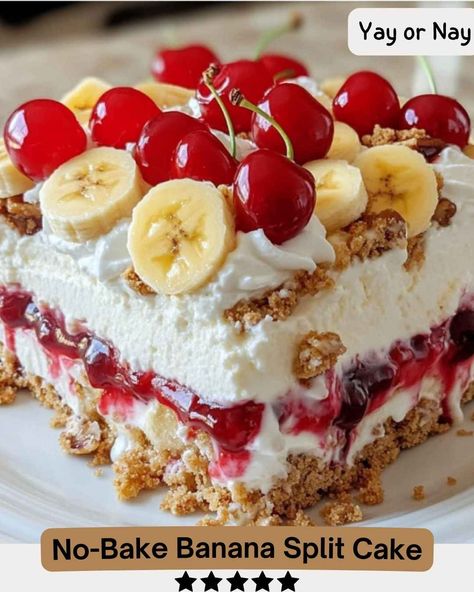 No Bake Banana Split Cake, Banana Split Cake Recipe, Banana Split Dessert Recipes, Banana Split Pie, Bake Banana, Banana Split Cake, Split Cake, Banana Split Dessert, Banana Oatmeal Muffins