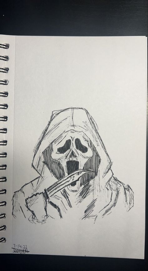 Small Easy Sketches To Draw, Cone Head Drawing, Cool Art Drawings Ideas Sketches, Drawing Ideas Emo, Sketch Ideas Cute, Drawing Ideas Horror, Emo Sketches, Ghostface Drawing Easy, Scream Sketch