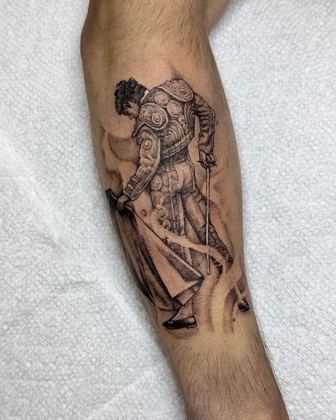 El matador 🕺🏻🚩 - 📍@blackserpents_weho 📍@blackserpents__ - - - - TEXT 310-634-8195 or DM TO BOOK - ✖️YOUR IDEA✖️AREA - - - - #matadortattoo #bullfightertattoo #torerotattoo #realism #microrealism #explorepage #tattooer #gmanink #gman Matador Tattoo, Fighter Tattoo, G Man, Realism, Tatting, Tattoos, Quick Saves