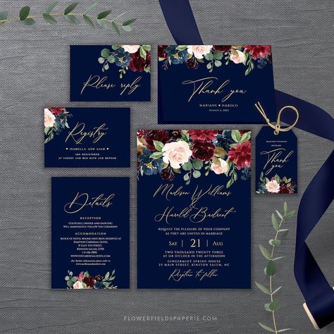 Buy Wedding Invitation Printable Invite Template Invitation Online in India - Etsy Navy Burgundy Gold Wedding Invitations, Invitation Suite Wedding, Wedding Kit, Template Invitation, Wedding Program Fans, Wedding Programs Template, Wedding Order, Invite Template, Navy Wedding