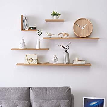 Wall Shelf Decor Office, Wall Mounted Display Shelves, Wall Floating Shelves Bedroom, Shelf On Bedroom Wall, Asymmetrical Wall Shelves, Wall Shelf Display Ideas, Oak Floating Shelves Living Room, Asymmetrical Floating Shelves, Photo Wall Shelves