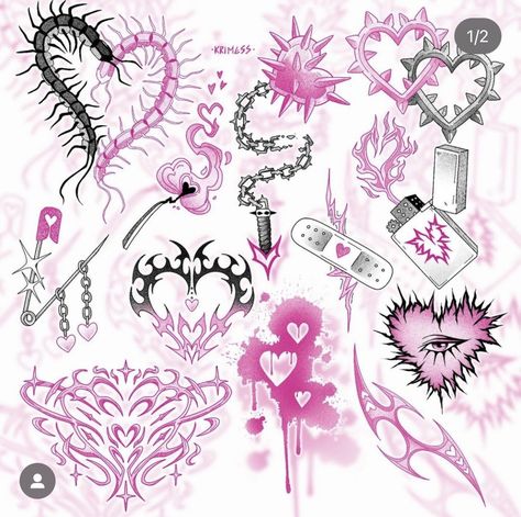 Y2k Tattoo Flash Sheet, Pink Goth Tattoo, All Pink Tattoo, Ashnikko Tattoo Ideas, Pink And Black Tattoo Ideas, Yandere Tattoo, Pastel Goth Tattoo Ideas, Gyaru Tattoo, Blackpink Tattoo Ideas