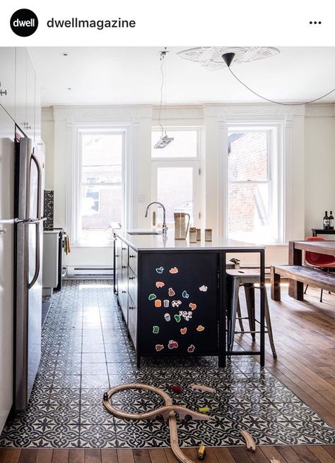 Black Kitchen Island, White Tile Floor, Custom Doors, Wood Tile Floors, Diy Ikea, Diy Kitchen Island, Kitchen Floor Tile, Kitchen Floor, Trendy Kitchen